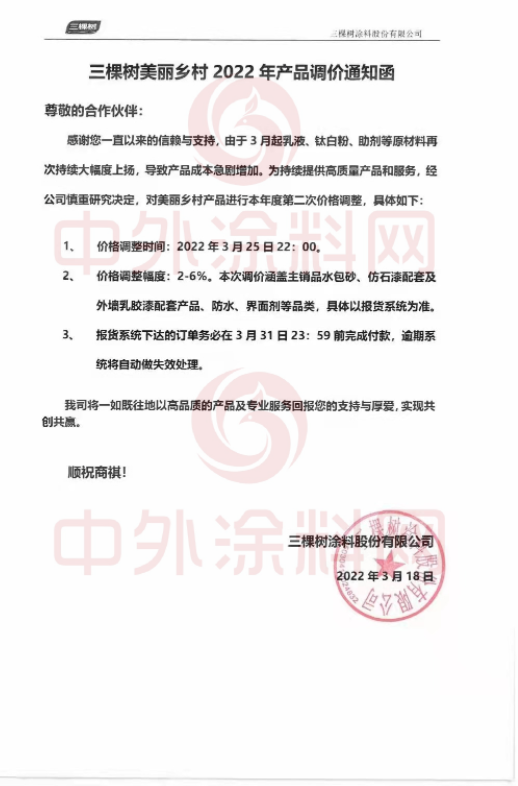 最高漲幅裝修漆12%！防水系列20%！美麗鄉(xiāng)村6%！三棵樹全線產(chǎn)品價格上調(diào)